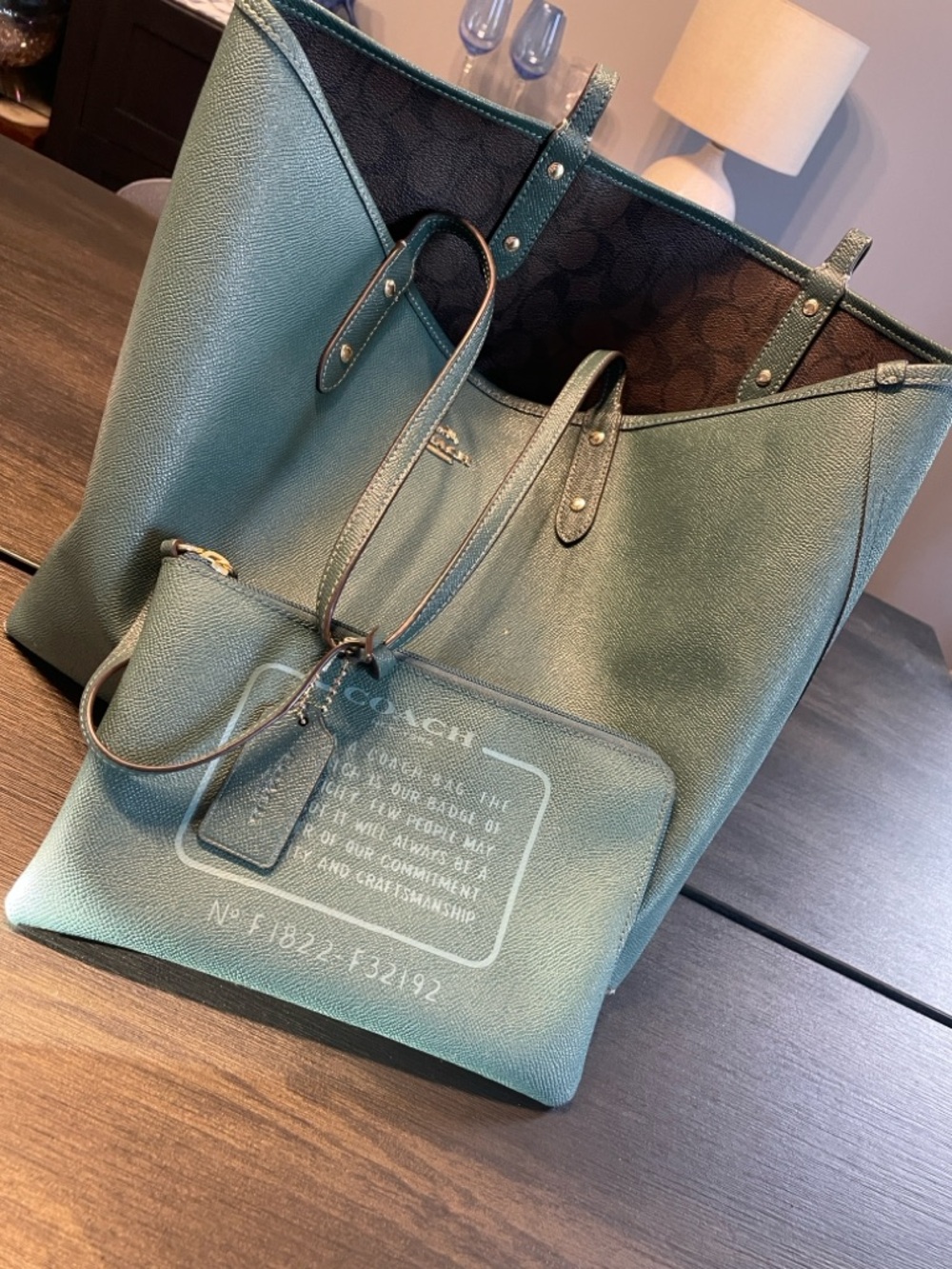 Coach Classic Brown Signature Canvas ReversibleTote with Teal Wristlet. - Picture 6 of 8